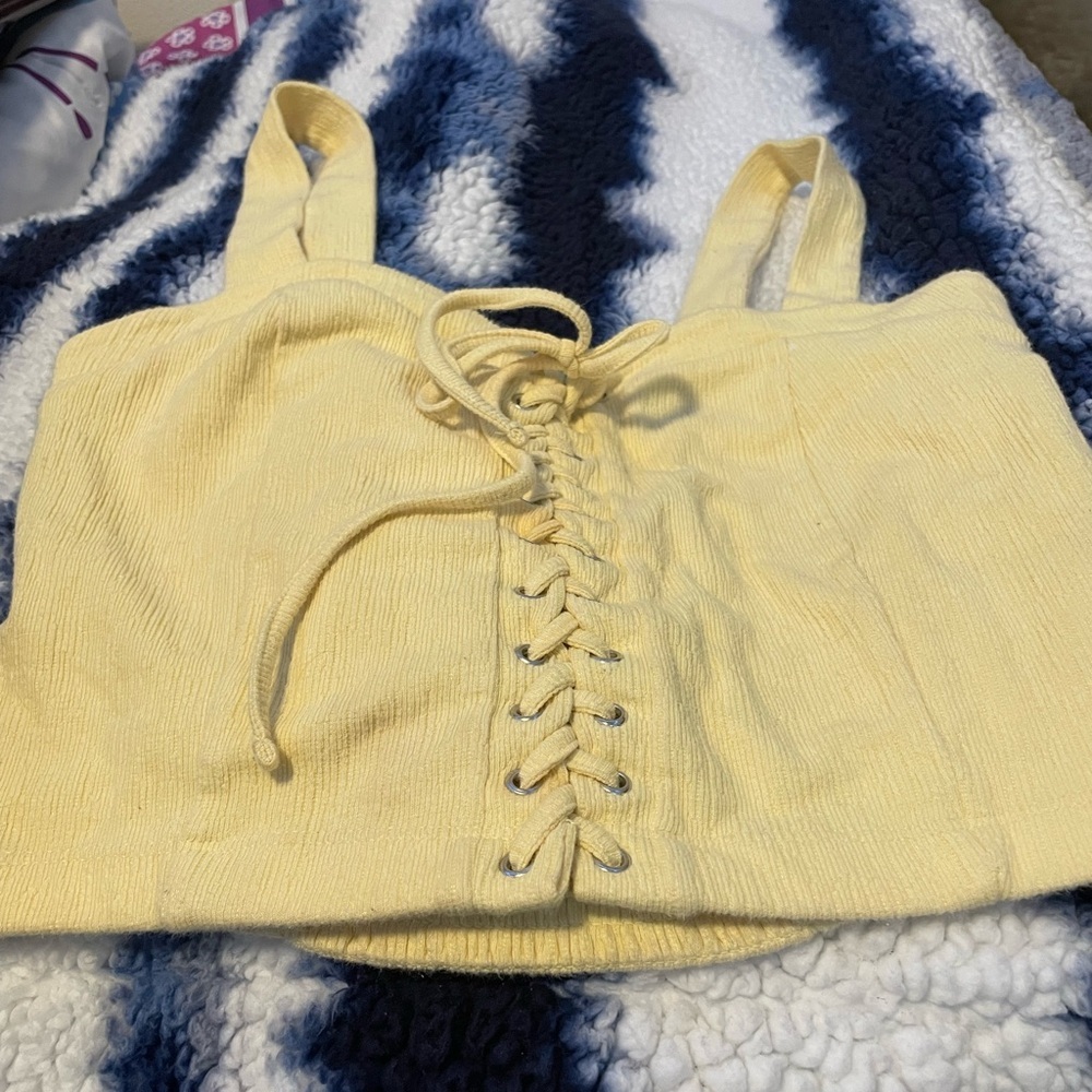 Forever 21 Pale Yellow Lace-Up Ribbed Crop Top